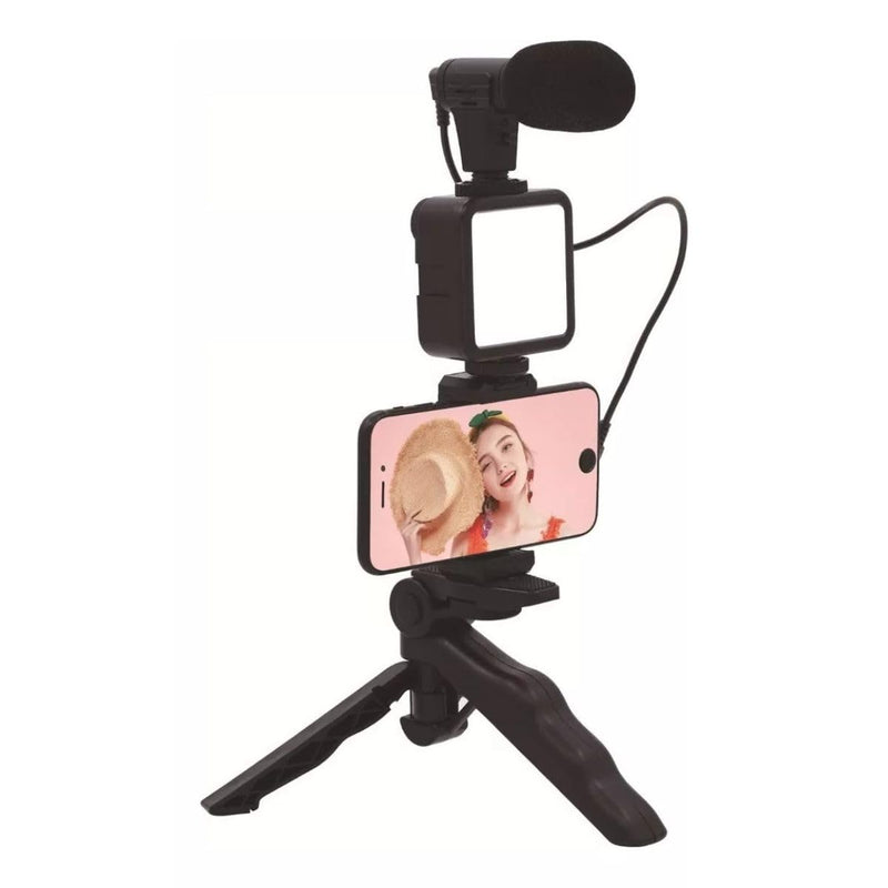 Tripé Suporte De Celular Com Iluminação Led Microfone Com Controle Sem Fio Tripod Estabilizador Gravação Compatível Com Câmera Profissional PREMIUN SYANG