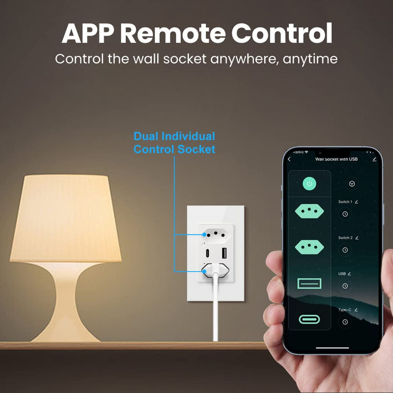 Tomada Inteligente WiFi com Porta USB Tipo C Tomada de Parede Smart Home Automação Residencial Compatível com Google Home Alexa Tuya