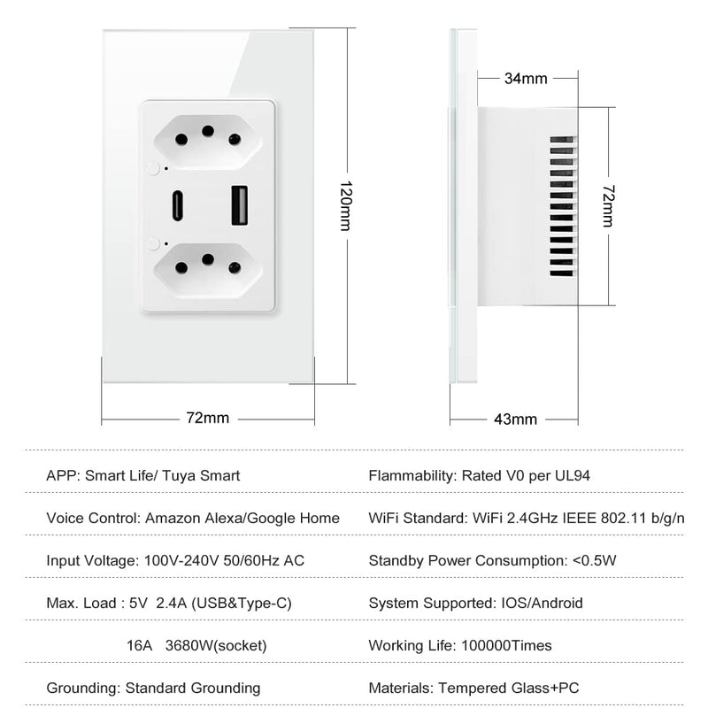 Tomada Inteligente WiFi com Porta USB Tipo C Tomada de Parede Smart Home Automação Residencial Compatível com Google Home Alexa Tuya