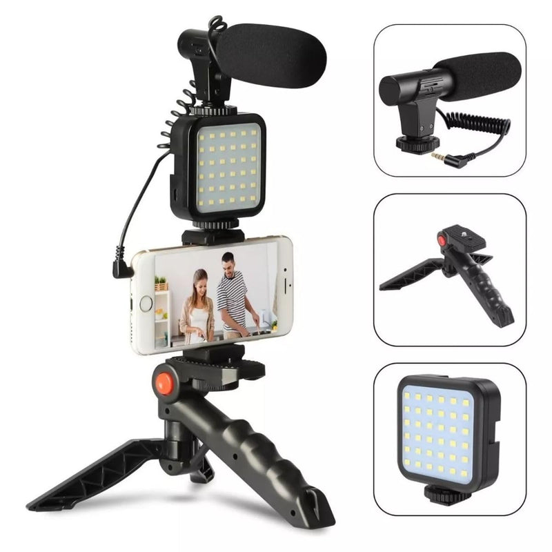 Tripé Suporte De Celular Com Iluminação Led Microfone Com Controle Sem Fio Tripod Estabilizador Gravação Compatível Com Câmera Profissional PREMIUN SYANG