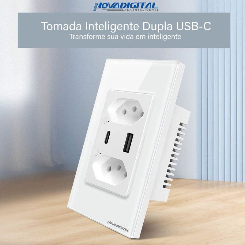 Tomada Inteligente WiFi com Porta USB Tipo C Tomada de Parede Smart Home Automação Residencial Compatível com Google Home Alexa Tuya