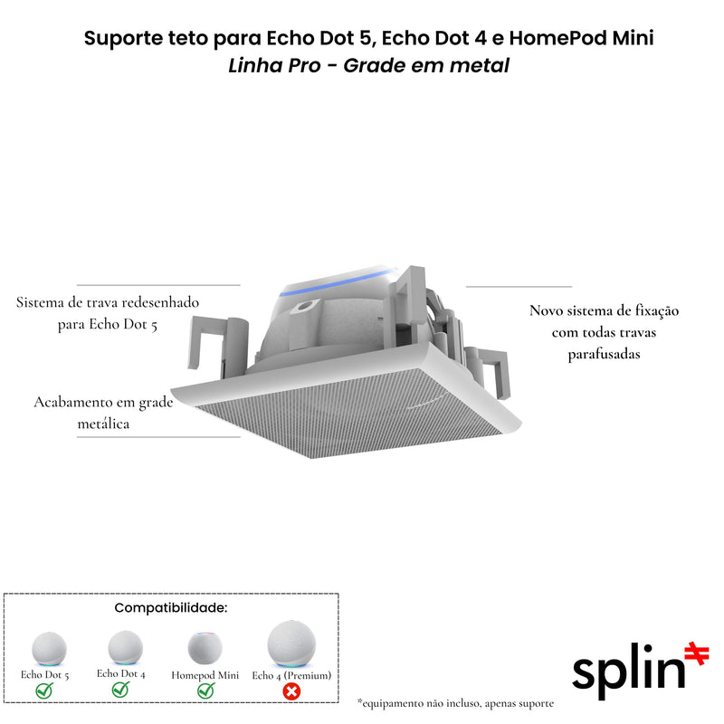 Suporte Stand De Teto de Embutir Splin para Amazon Alexa Speaker para Echo Dot 5 ou 4 e HomePod Mini | Linha Pro | acabamento em Metal | Modelo Quadrado (preto)