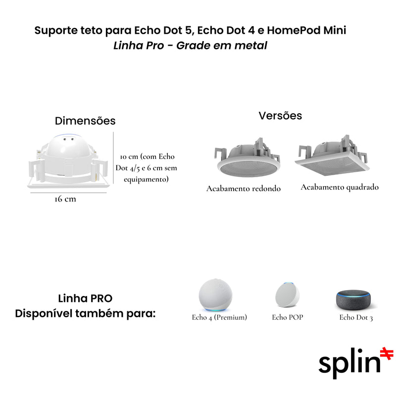 Suporte Stand De Teto de Embutir Splin para Amazon Alexa Speaker para Echo Dot 5 ou 4 e HomePod Mini | Linha Pro | acabamento em Metal | Modelo Quadrado (preto)