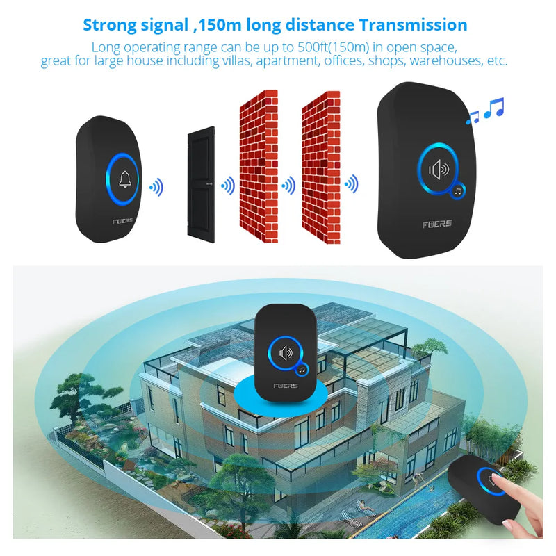 Campainha inteligente Fuers sem fio 433mhz, 150m de longa distância 32 músicas